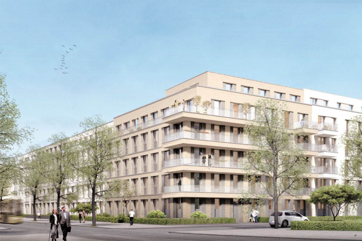 In Richtung Bleicheroder Straße reduziert sich die Gebäudehöhe als Reaktion auf den städtebaulichen Kontext auf vier Geschosse.